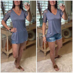 Lace Short Sleeve Rounded Bottom Blue 1721